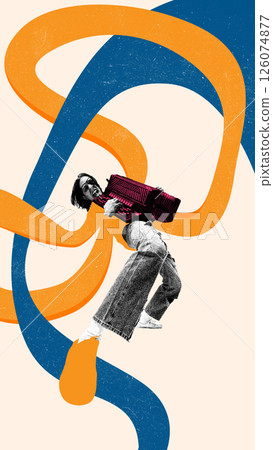 Dynamic image of young man with wide pose holding accordion among looping orange and blue lines. Dynamic image of young man with wide pose holding accordion among looping orange and blue lines. 126074877