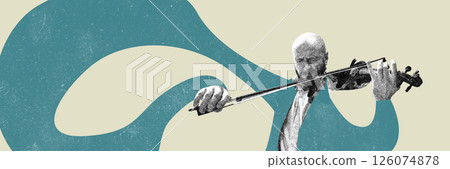 Bald man playing violin over beige and teal abstract background in expressive gesture. Bald man playing violin over beige and teal abstract background in expressive gesture. 126074878