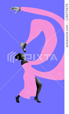 Woman in pink dress singing into mic with exaggerated pink arms over purple background. Woman in pink dress singing into mic with exaggerated pink arms over purple background. 126074879