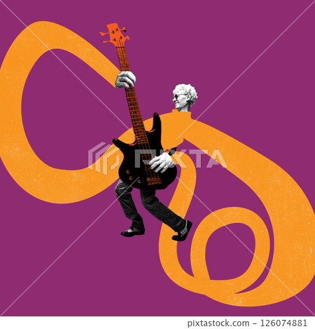 Dynamic image of man playing black bass guitar with orange looping ribbon over purple background. 126074881