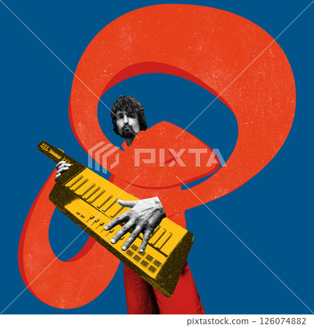 Bearded man playing yellow keytar with expressive gesture over blue background with red abstract elements. 126074882