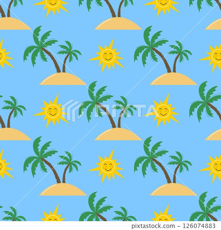 Bright summer print with palm tree on island and sun Bright summer print with palm tree on island and sun 126074883