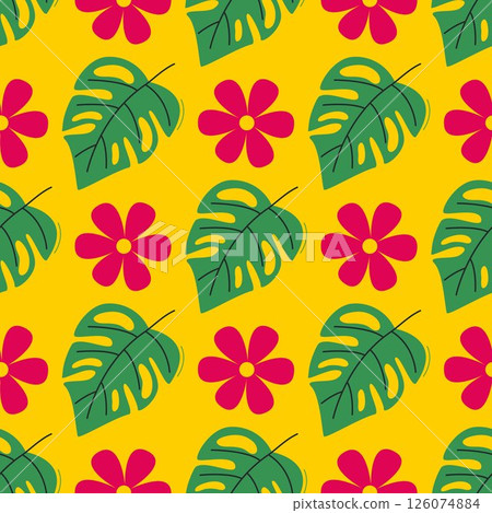 Bright tropical print with monstera leaves and hibiscus flowers Bright tropical print with monstera leaves and hibiscus flowers 126074884