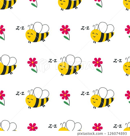 Cute bees and bright flowers seamless background 126074893