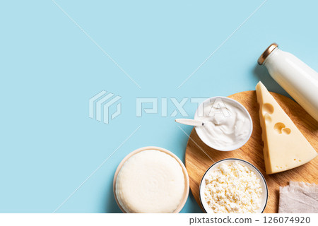 Fresh dairy products on blue background 126074920