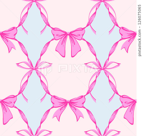 Pink Ribbon Bow Garland Seamless Pattern. Coquette, Vintage and feminine design with hand-drawn garland of pink bows on blue. Rococo aesthetics for romantic background. Fabric prints, gift wrap 126075065