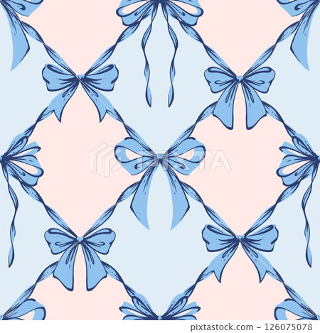 Pink Ribbon Bow Lattice Seamless Pattern. Coquette, Vintage and Romantic checkered pattern on blue with bows. Rococo background for feminine projects, vintage wrapping paper, textiles, Valentines Day Pink Ribbon Bow Lattice Seamless Pattern. Coquette, Vintage and Romantic checkered pattern on blue with bows. Rococo background for feminine projects, vintage wrapping paper, textiles, Valentines Day 126075078