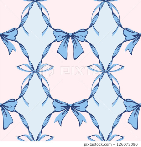 Blue Ribbon Bow Garland Seamless Pattern. Coquette, Vintage and feminine design with hand-drawn garland of bows. Rococo aesthetics for romantic background. Fabric prints, gift wrap Blue Ribbon Bow Garland Seamless Pattern. Coquette, Vintage and feminine design with hand-drawn garland of bows. Rococo aesthetics for romantic background. Fabric prints, gift wrap 126075080