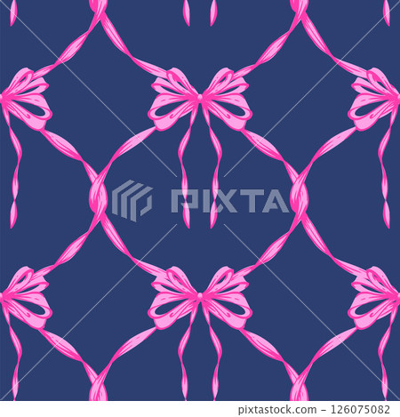 Pink Ribbon Bow Lattice Seamless Pattern on purple. Coquette, Vintage and Romantic checkered pattern on dark blue with bows. Rococo background for feminine projects, vintage wrapping paper, textiles, 126075082