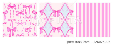 Ribbon Bow Coquette Seamless Pattern Set. Hand-Drawn Feminine Pink Backgrounds with Soft Stripes and garland of bows. Romantic Design. Perfect for a Lovely and Whimsical Valentines Day Backdrop Ribbon Bow Coquette Seamless Pattern Set. Hand-Drawn Feminine Pink Backgrounds with Soft Stripes and garland of bows. Romantic Design. Perfect for a Lovely and Whimsical Valentines Day Backdrop 126075096