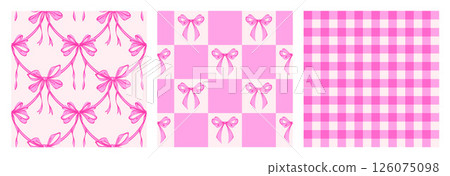 Ribbon Bow Coquette Seamless Pattern Set. Pink Hand-Drawn Feminine Checkered Pattern  Backgrounds with garland of bows. Romantic Design. Perfect for a Lovely and Whimsical Valentines Day Backdrop Ribbon Bow Coquette Seamless Pattern Set. Pink Hand-Drawn Feminine Checkered Pattern  Backgrounds with garland of bows. Romantic Design. Perfect for a Lovely and Whimsical Valentines Day Backdrop 126075098