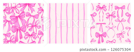 Pink Ribbon Bow and Stripes Seamless Pattern Set. Hand-Drawn Rococo Soft and Feminine Pink Backgrounds. Romantic, Coquette Designs. Perfect for Fabric, Stationery, Wrapping, and Digital Projects. Pink Ribbon Bow and Stripes Seamless Pattern Set. Hand-Drawn Rococo Soft and Feminine Pink Backgrounds. Romantic, Coquette Designs. Perfect for Fabric, Stationery, Wrapping, and Digital Projects. 126075304