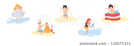 Children at Sea Sunbathing on Beach and Seashore Vector Set 126075331