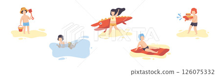 Children at Sea Sunbathing on Beach and Seashore Vector Set Children at Sea Sunbathing on Beach and Seashore Vector Set 126075332