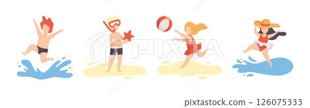 Children at Sea Sunbathing on Beach and Seashore Vector Set 126075333