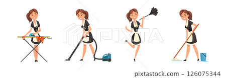 Woman Housemaid in Apron Cleaning House Vector Set 126075344