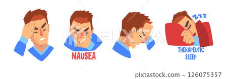 Severe Headache with Man Suffer from Strong Pain in Head Vector Set 126075357