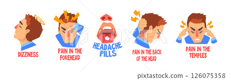 Severe Headache with Man Suffer from Strong Pain in Head Vector Set 126075358