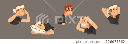 Severe Headache with Man Suffer from Strong Pain in Head Vector Set 126075362