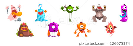 Funny Monster with Spooky Muzzle with Teeth and Bulging Eye Vector Set Funny Monster with Spooky Muzzle with Teeth and Bulging Eye Vector Set 126075374