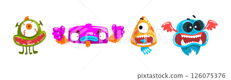 Funny Monster with Spooky Muzzle with Teeth and Bulging Eye Vector Set Funny Monster with Spooky Muzzle with Teeth and Bulging Eye Vector Set 126075376