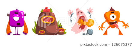 Funny Monster with Spooky Muzzle with Teeth and Bulging Eye Vector Set Funny Monster with Spooky Muzzle with Teeth and Bulging Eye Vector Set 126075377