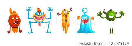 Funny Monster with Spooky Muzzle with Teeth and Bulging Eye Vector Set 126075379