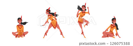 Native American Woman Indian In Traditional Clothing with Feather Vector Set 126075388