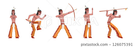 Native American Man Indian In Traditional Clothing with Feather Vector Set 126075391