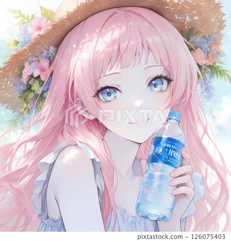 粉紅色頭髮的女孩拿著塑膠瓶——漫畫風格的水彩AI插畫呼籲補水 126075403