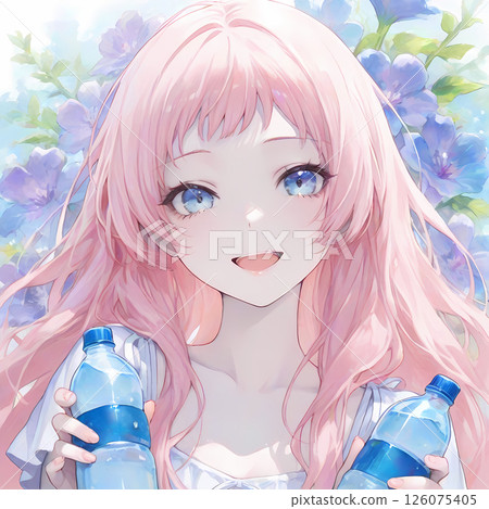 A pink-haired girl offering a plastic bottle - A manga-style watercolor AI illustration calling for people to stay hydrated 126075405