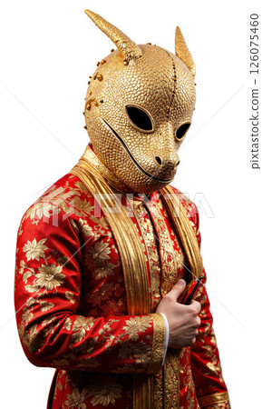 Person Wearing Ornate Gold Lizard Mask Robe Isolated A medium shot photo shows a person whose identity is hidden behind Person Wearing Ornate Gold Lizard Mask Robe Isolated A medium shot photo shows a person whose identity is hidden behind 126075460