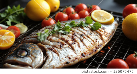 Freshly Grilled Fish, Summer BBQ, Coastal Flavor A perfectly grilled fish on a barbecue grill, with aromatic herbs and lemon Freshly Grilled Fish, Summer BBQ, Coastal Flavor A perfectly grilled fish on a barbecue grill, with aromatic herbs and lemon 126075475