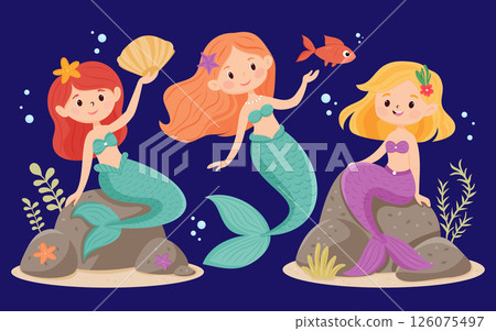 Three smiling mermaids swimming and sitting on rocks under the sea 126075497
