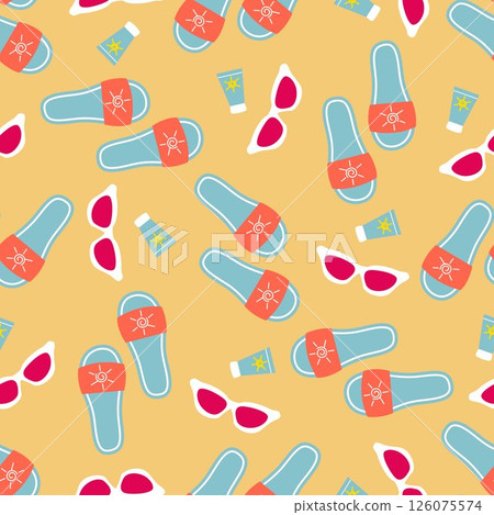 Summer print with flip-flops, spf cream and sunglasses on the sand 126075574