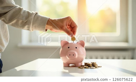 hand placing coin in piggy bank by a sunny window, depicting savings growth, ideal for financial planning, personal savings, and investment strategies hand placing coin in piggy bank by a sunny window, depicting savings growth, ideal for financial planning, personal savings, and investment strategies 126075622