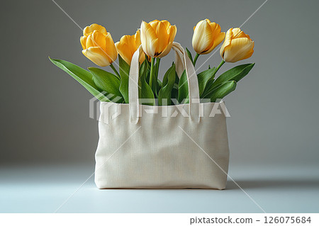 Reusable shopping bag made of fabric with a bouquet of yellow tulips on a white background. 126075684