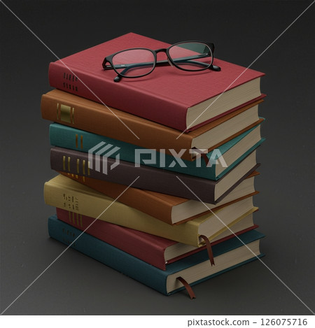 Vintage Hardcover Book Collection with Reading Glasses on Dark Background 126075716
