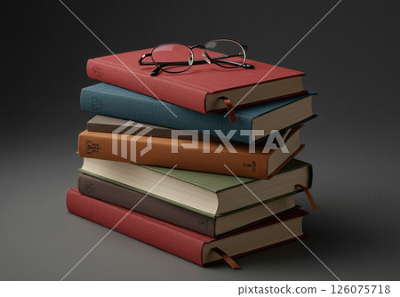 Vintage Hardcover Book Collection with Reading Glasses on Dark Background 126075718