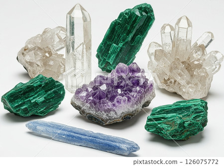 Stunning Crystal Quartz Cluster with Vibrant Green and Pink Formations 126075772