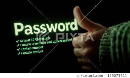 Strong Password security checklist with hand giving thumbs up with green glowing text, cybersecurity concept 126075811