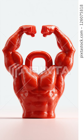 Red strong lock icon with muscular arms, security strength isolated on white background Red strong lock icon with muscular arms, security strength isolated on white background 126075818