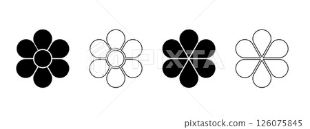 Set of flower silhouettes with 6 petals and core. Floral pie chart divided on six equal parts in leaf shapes isolated on white background. Templates for data presentation. Vector graphic illustration Set of flower silhouettes with 6 petals and core. Floral pie chart divided on six equal parts in leaf shapes isolated on white background. Templates for data presentation. Vector graphic illustration 126075845