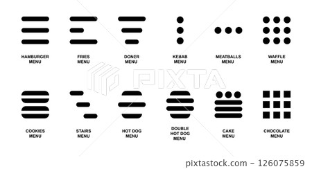 Set of hamburger menu icons. Website navigation buttons in burger style isolated on white background. Web site interface elements. Vector graphic illustration 126075859