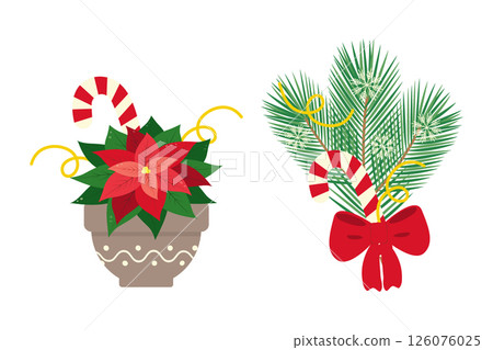 Candy canes Christmas Star Poinsettia in flower pot and Evergreen Twigs composition snowflakes decor 126076025