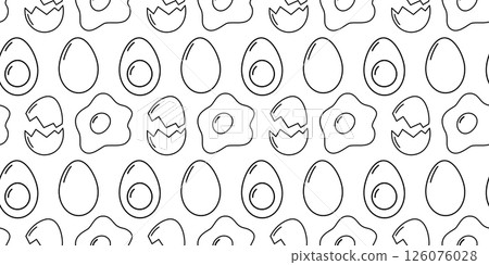 Outline hand drawn hard boiled eggs and fried eggs Seamless Pattern Minimalistic Healthy Eating fond 126076028
