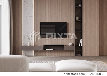 Blank TV screen in modern light interior with white sofa in stylish mock up, front view. TV in living room interior background, empty TV display template, 3d render 126076036