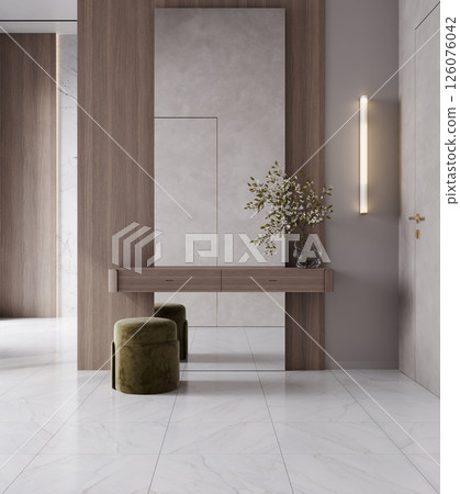 Bright modern hallway with marble floor and large mirror, luxury hotel concept, 3d rendering 126076042