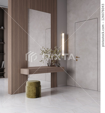 Modern wooden vanity with mirror, green pouf and plants, lobby in hotel room, 3d rendering 126076043