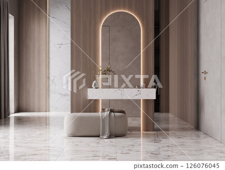 Modern marble vanity with mirror, beige pouf and plants, lobby in hotel room, 3d rendering 126076045
